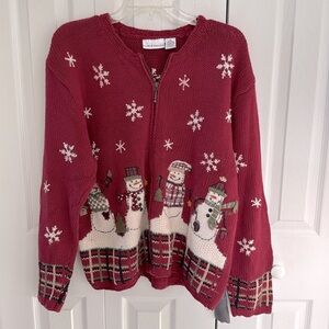 Vintage y2k Croft & Barrow Brick Red Full Zip Snowman Sweater - Gently Worn - M